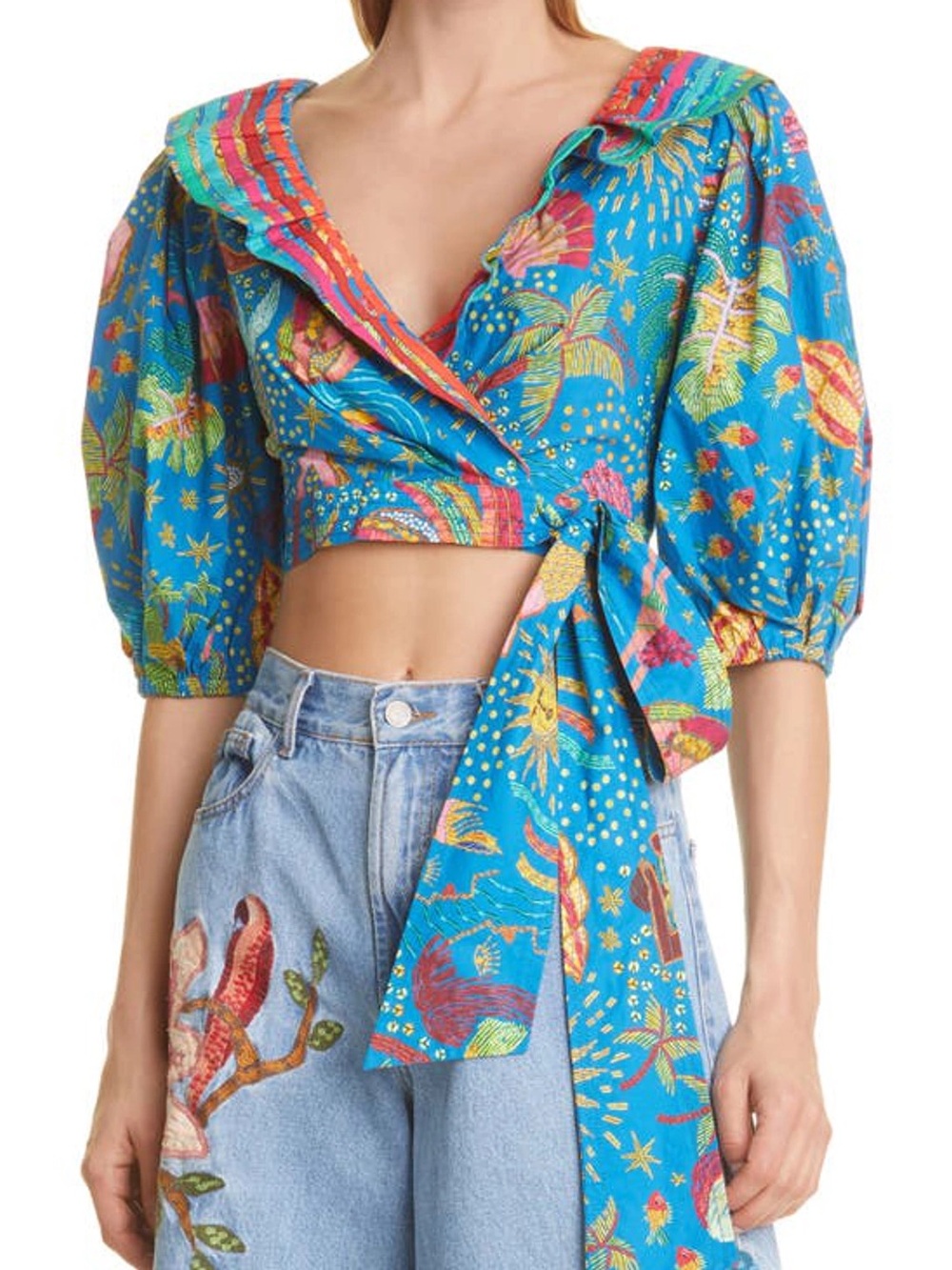 FARM Rio Bright Blue Tropical Wrap Crop Top